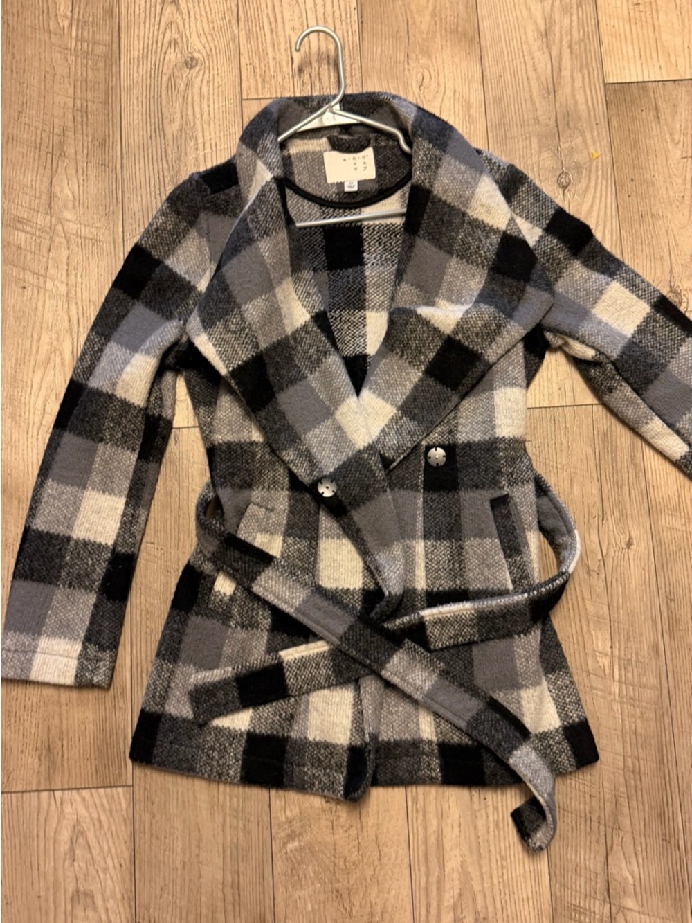 Plaid Belted Wool-Blend Coatigan - Gray/Black